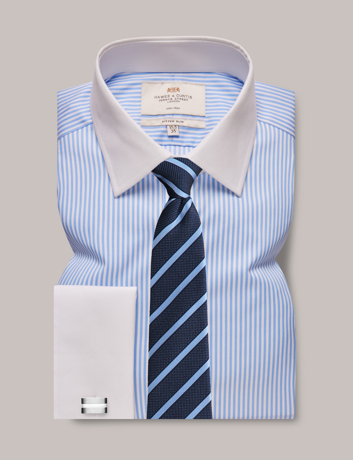 NonIron Blue & White Bengal Stripe Fitted Slim Shirt With White Collar