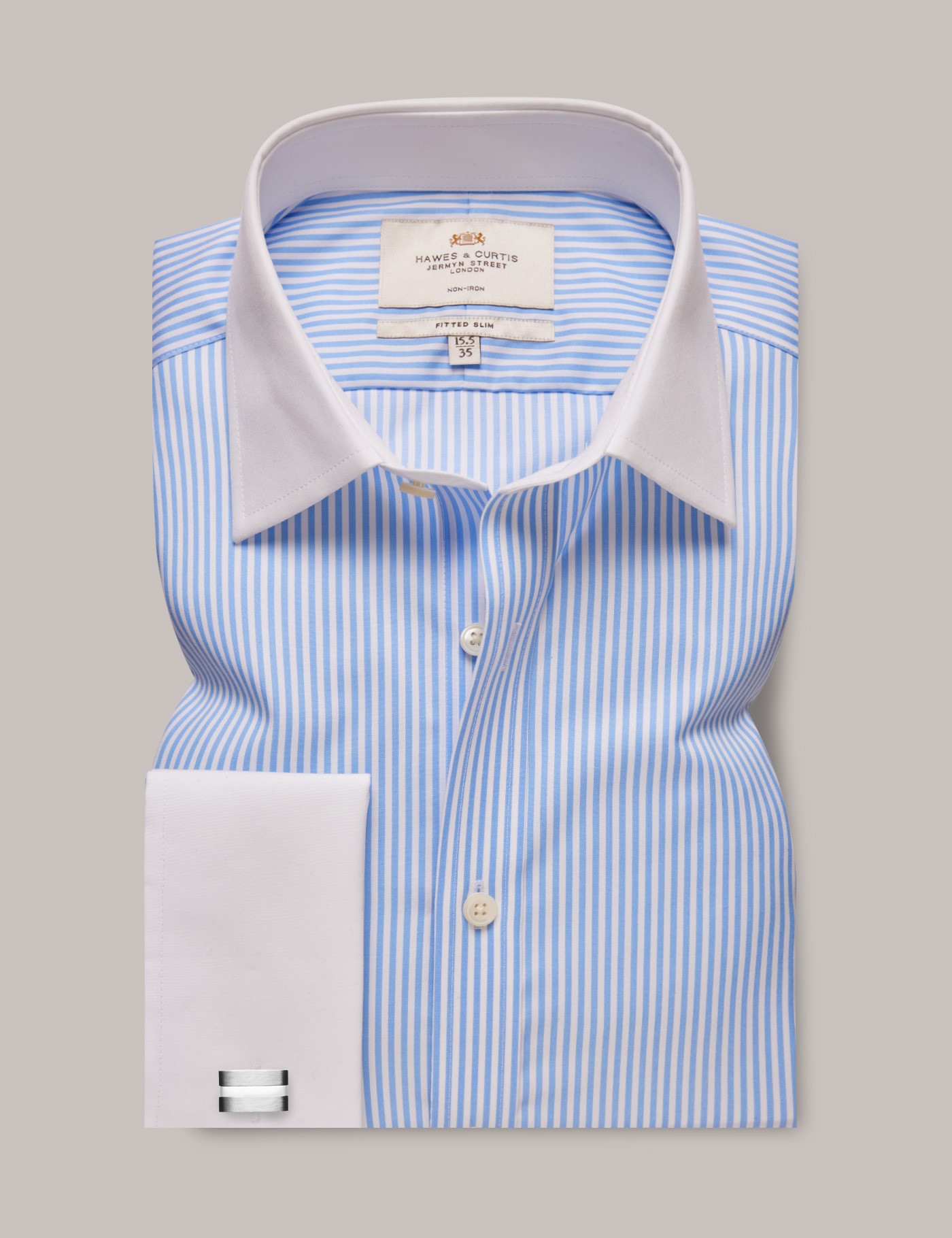 Non-Iron Blue & White Bengal Stripe Fitted Slim Shirt With White Collar ...