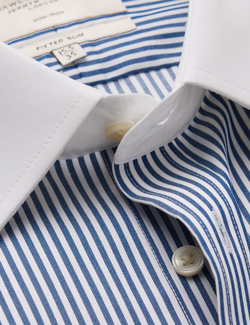 Men's Non-Iron Navy & White Bengal Stripe Fitted Slim Shirt With White ...
