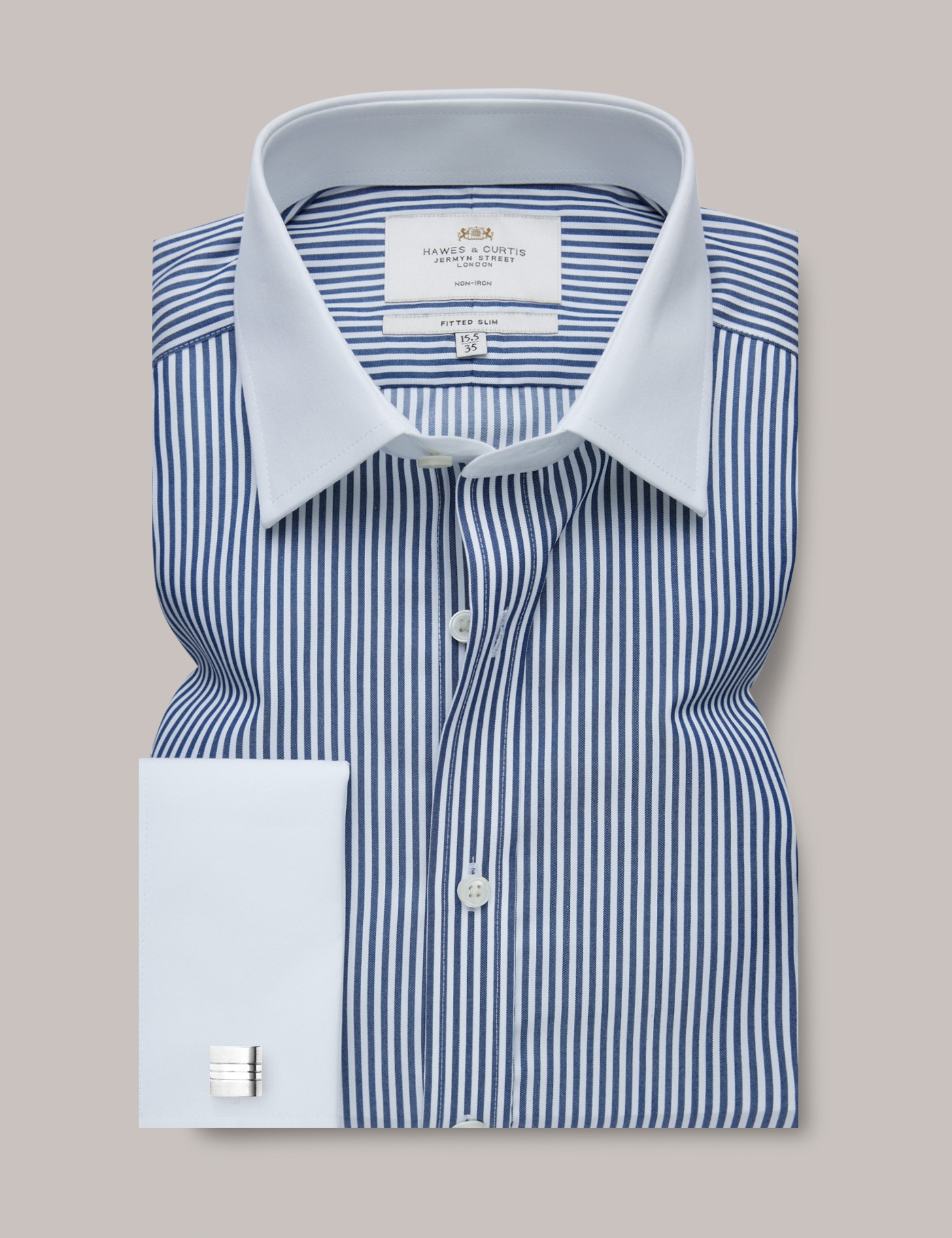 Men's Non-Iron Navy & White Bengal Stripe Fitted Slim Shirt With White ...