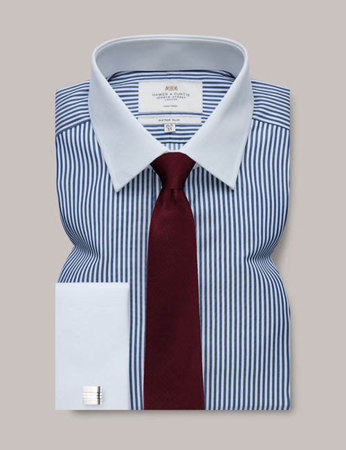 Men's Non-Iron Navy & White Bengal Stripe Fitted Slim Shirt With White  Collar - Double Cuff