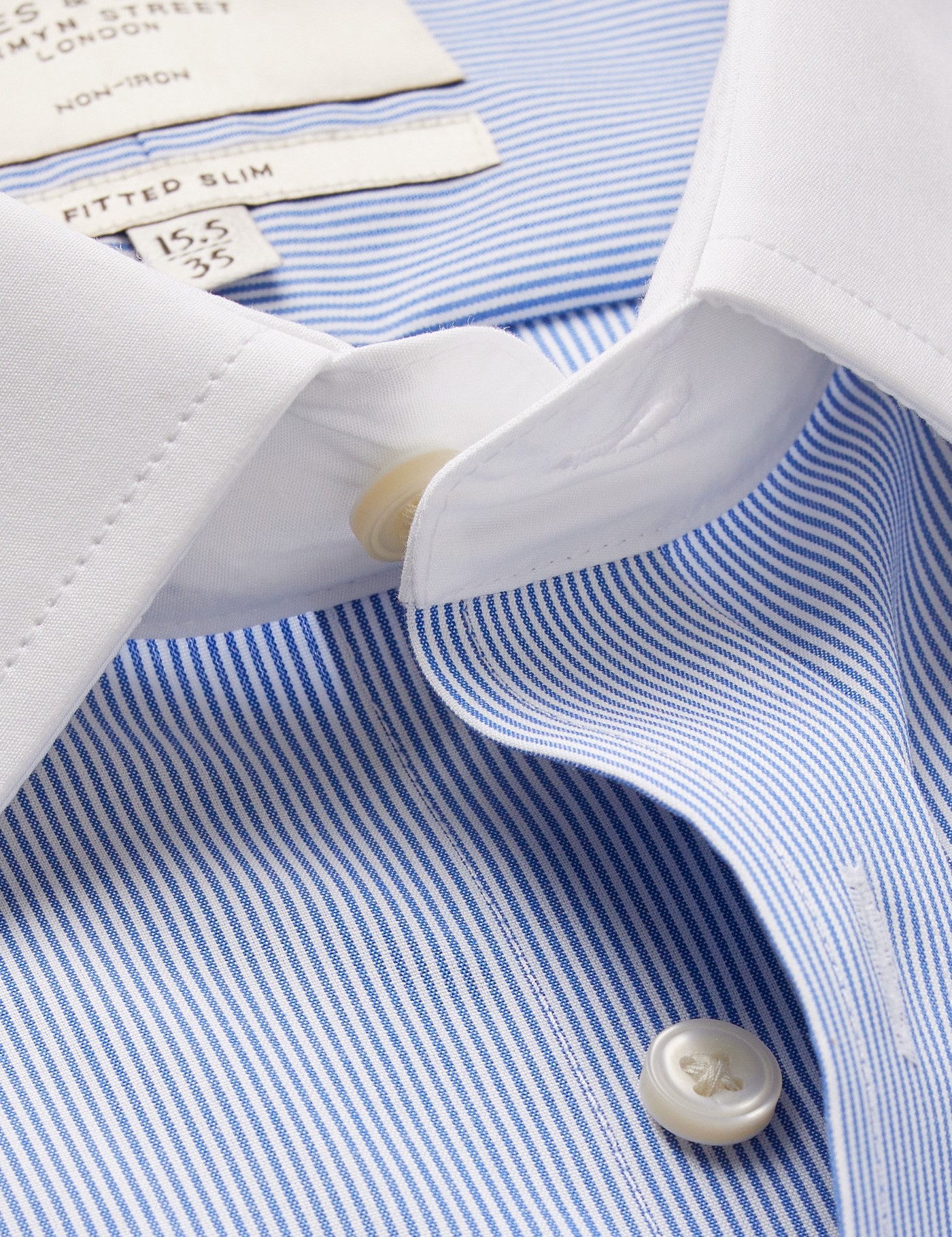 Hawes & Curtis Fitted Slim Blue & White Fine Stripe Non-Iron Shirt | Contrast Detail Size: 15.5" collar, 34" sleeve
