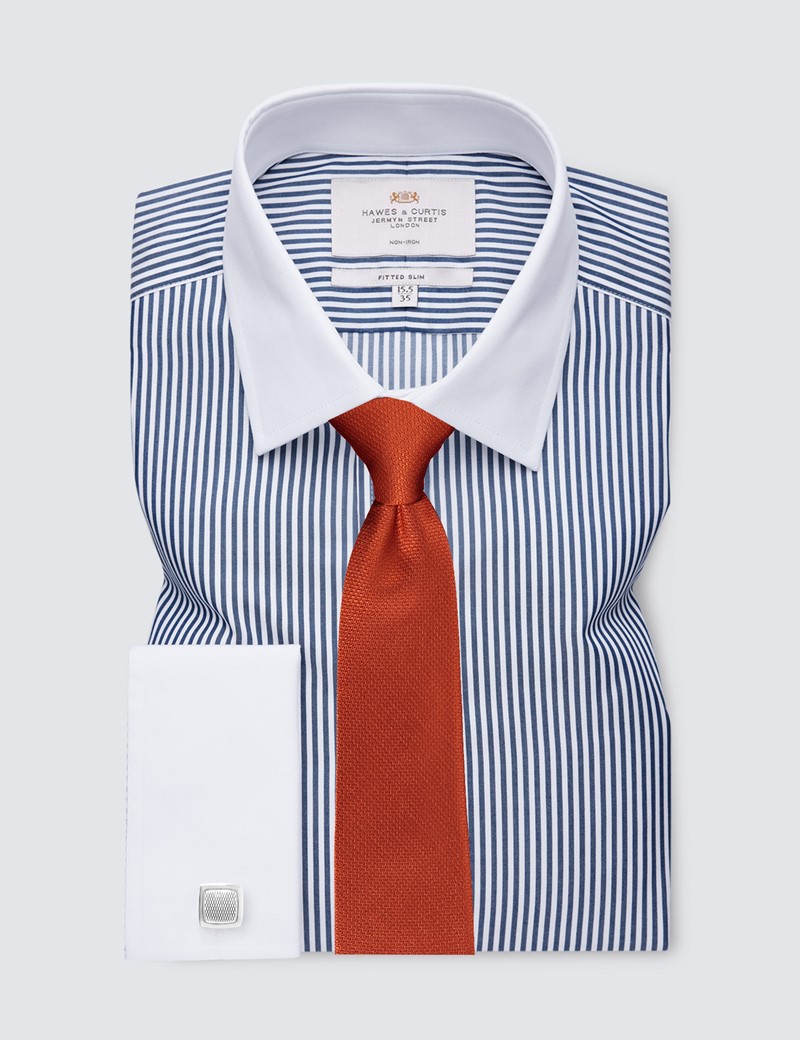 Non Iron Navy & White Bengal Stripe Fitted Slim Shirt with Double Cuffs