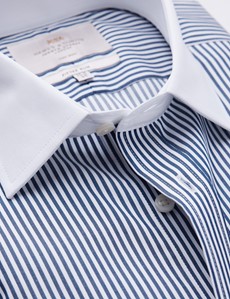 Non Iron Navy & White Bengal Stripe Fitted Slim Shirt with Double Cuffs