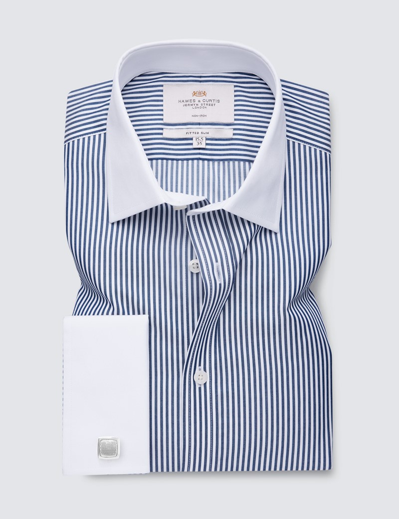 Non Iron Navy & White Bengal Stripe Fitted Slim Dress Shirt with Double Cuffs