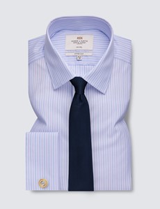 Non Iron Blue & Lilac Multi Stripe Fitted Slim Shirt With Semi Cutaway Collar - Double Cuffs