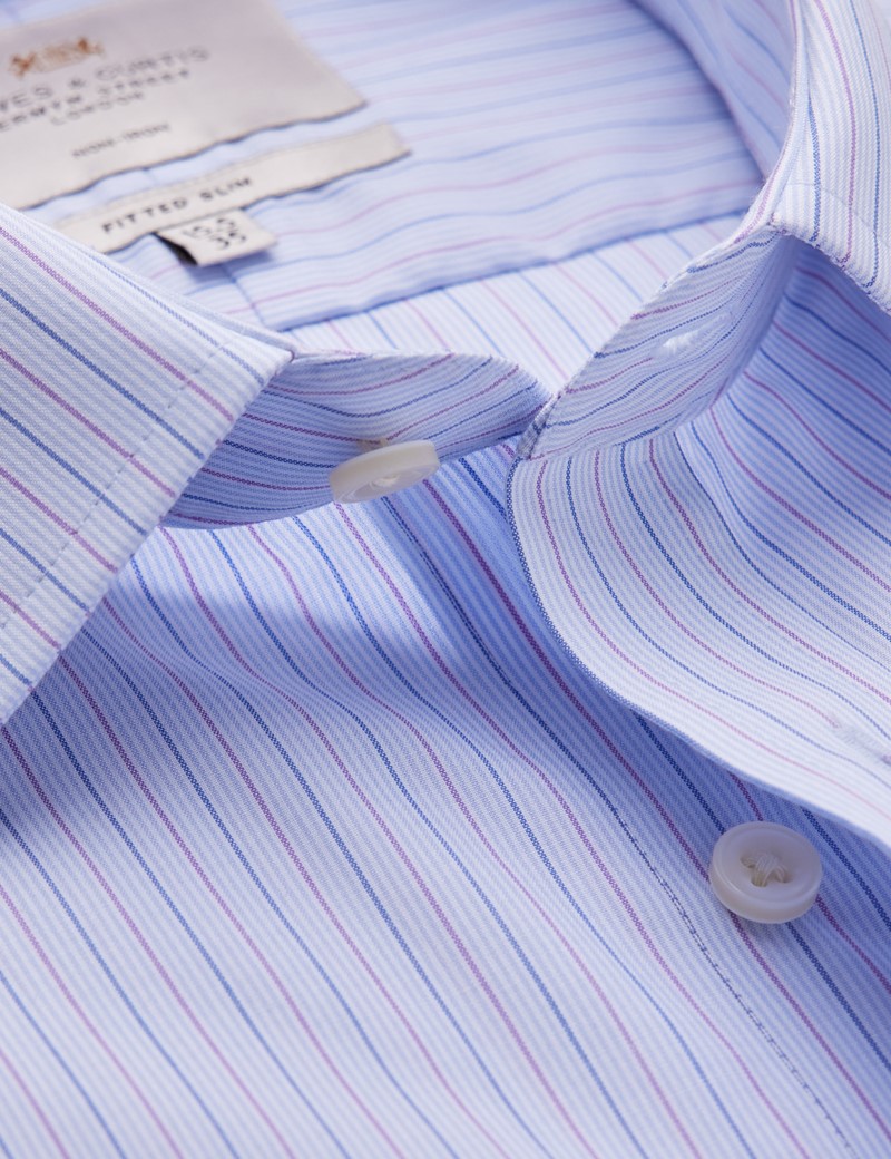 Non Iron Blue & Lilac Multi Stripe Fitted Slim Shirt With Semi Cutaway Collar - Double Cuffs
