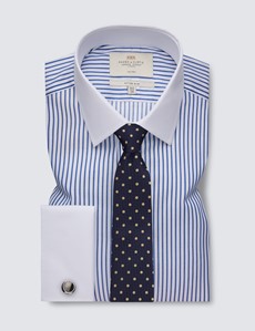 Men's Formal Navy & White Fitted Slim Shirt with Semi Cutaway Collar and Double Cuff - Non Iron