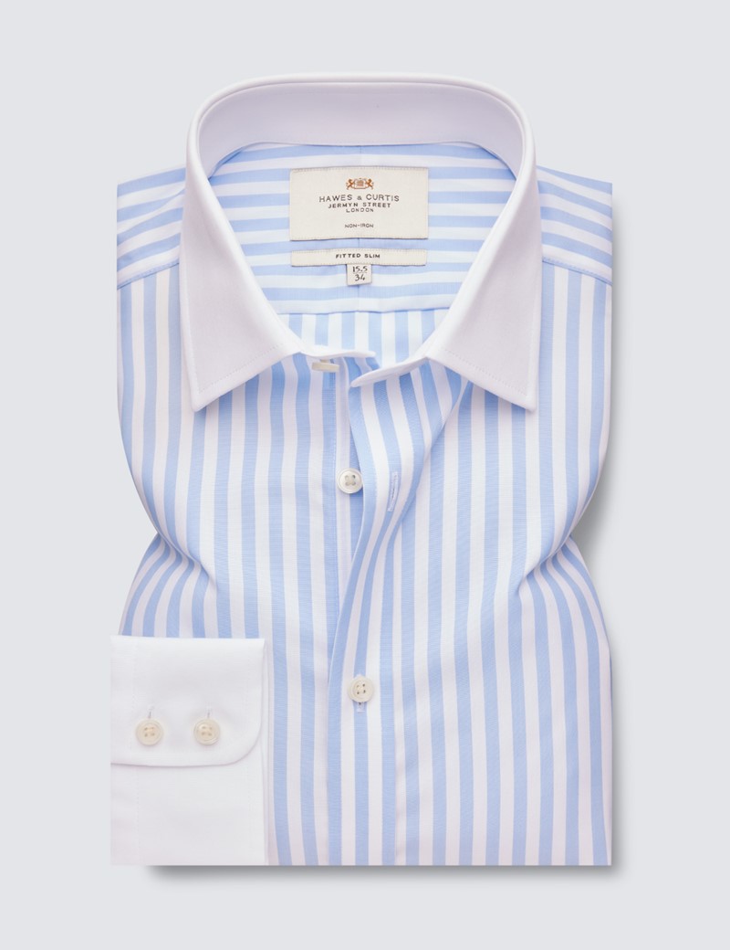 Bügelfreies Businesshemd – Fitted Slim Fit – Winchesterkragen – blau weiß Streifen