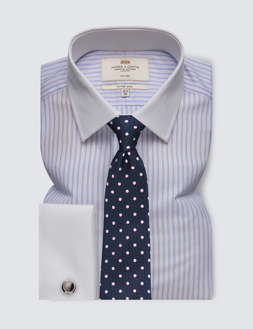 Non-Iron Blue & White Stripe Fitted Slim Shirt With White Collar and Cuffs