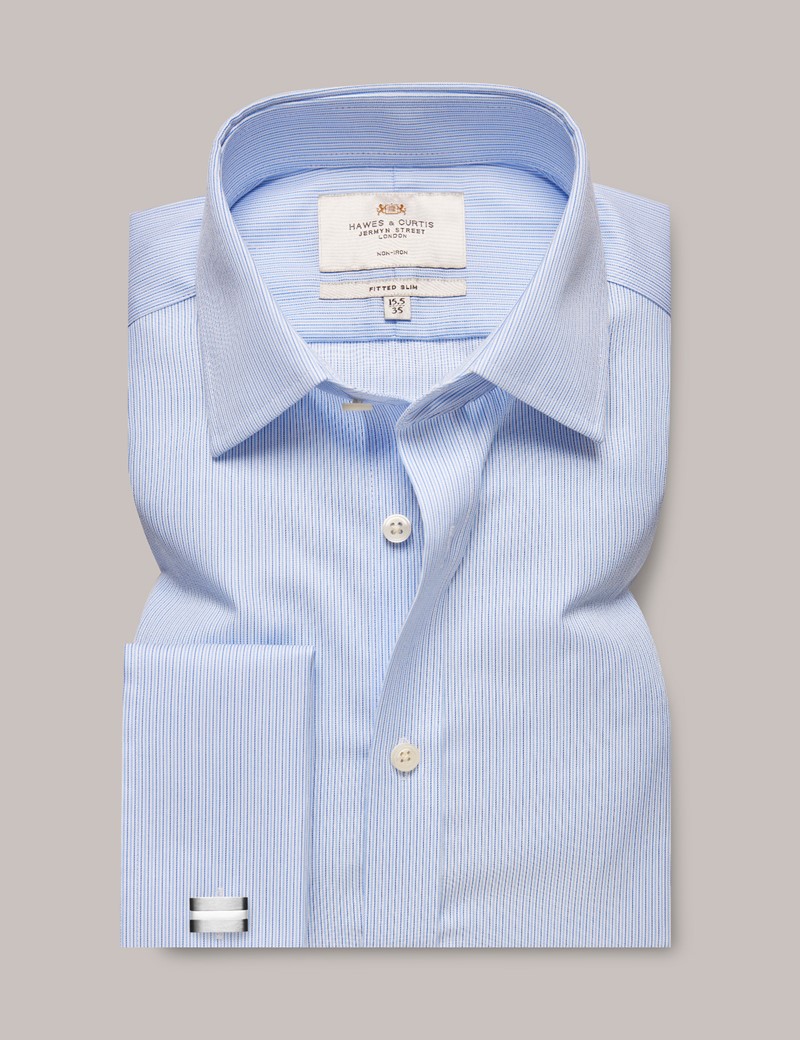 Men's Non-Iron Navy & Blue Stripe Fitted Slim Shirt - Double Cuff