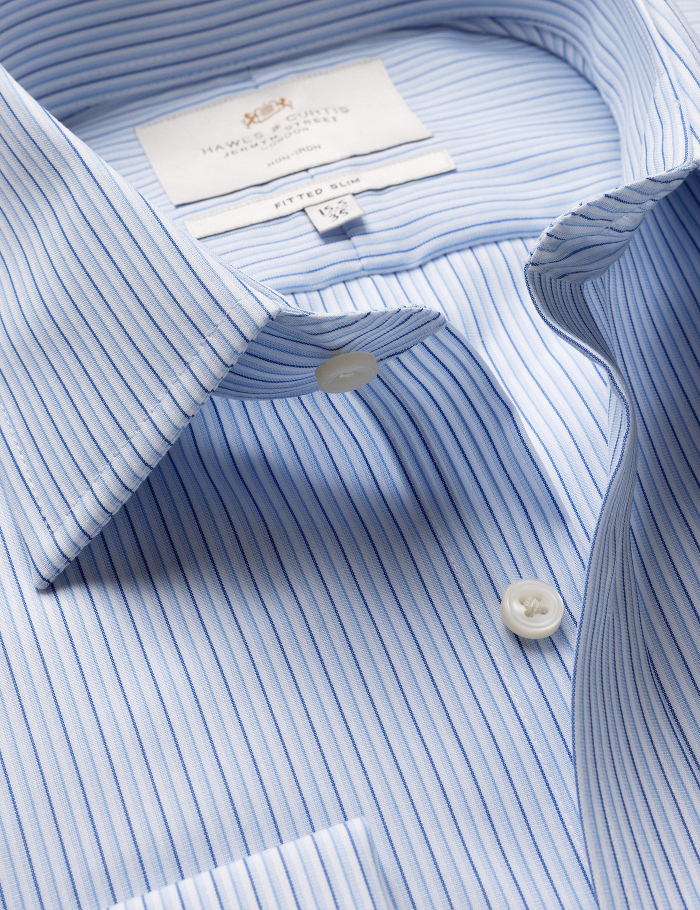 & Fitted Slim Blue & Stripe Non Iron Shirt 15.5" collar 34" sleeve