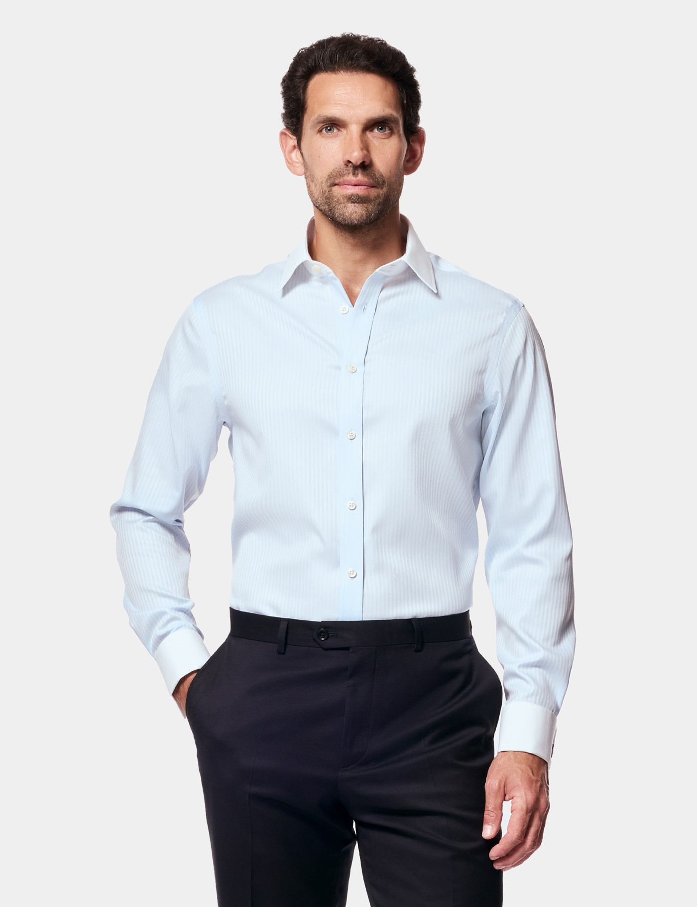 Hawes & Curtis Fitted Slim Blue Twill Herringbone Stripe Non-Iron Shirt | Contrast Detail Size: 14.5" collar, 33" sleeve