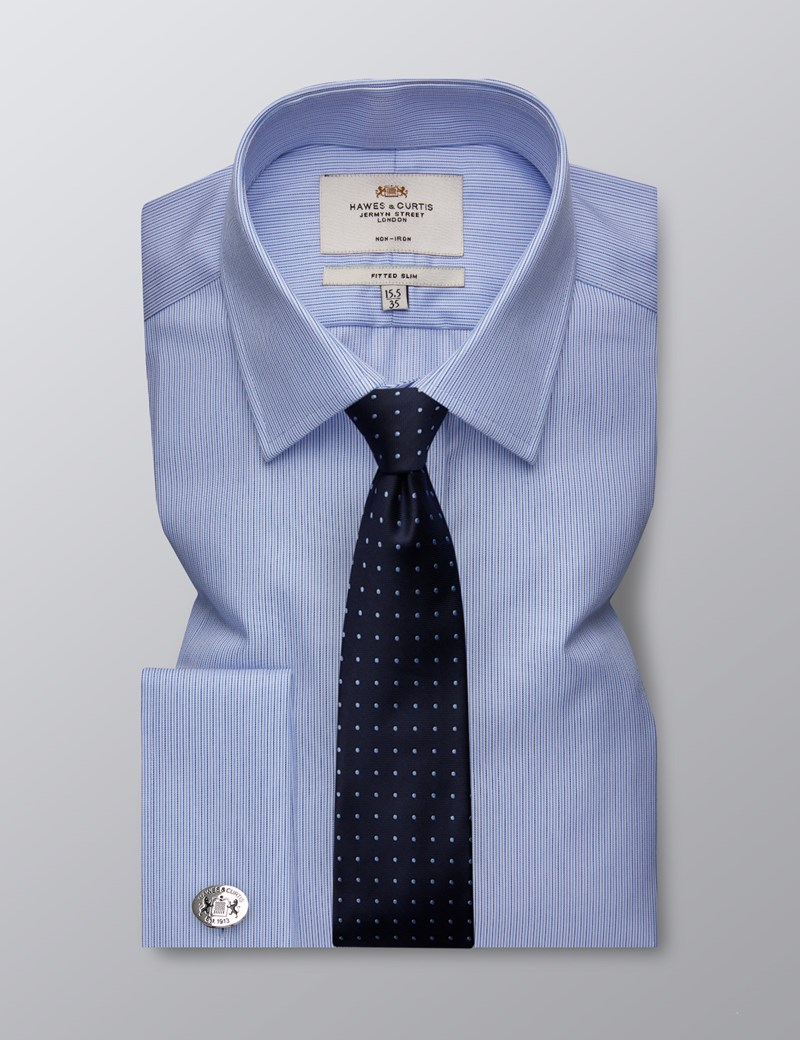 Men's Formal Navy & Blue Thin Stripe Fitted Slim Shirt - Double Cuff ...