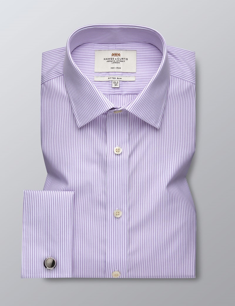 Men's Formal Lilac & White Stripe Fitted Slim Shirt - Double Cuff - Non ...