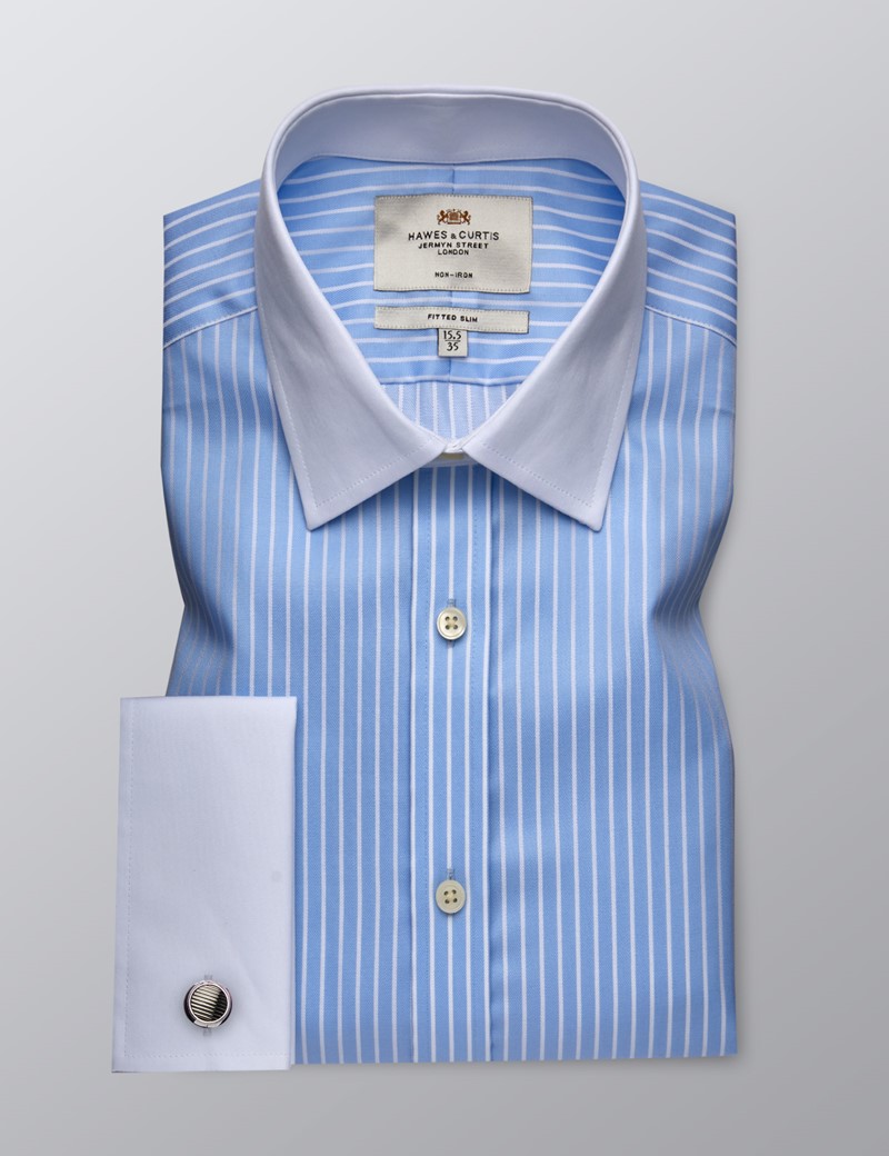 Men's Formal Light Blue & White Stripe Fitted Slim Shirt - Double Cuff ...