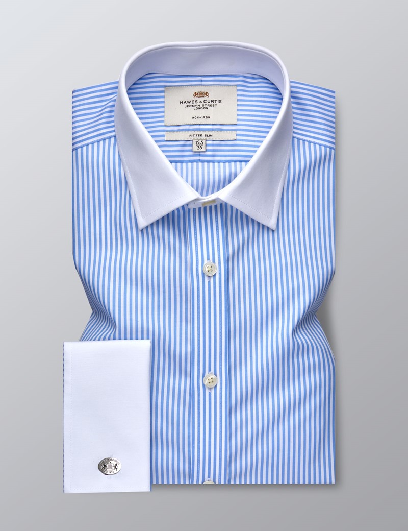 Men's Dress Blue & White Stripe Fitted Slim Shirt - French Cuff - Non ...