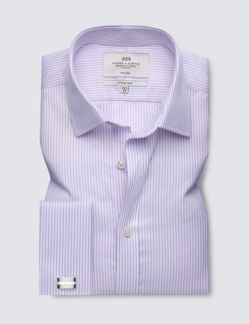 Men's Formal Lilac & White Coloured Stripe Fitted Slim Shirt - Double Cuff - Non Iron