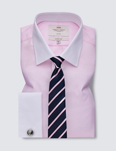 Non Iron Pink Fabric Interest Fitted Slim Shirt - Semi Cutaway Collar - Double Cuffs