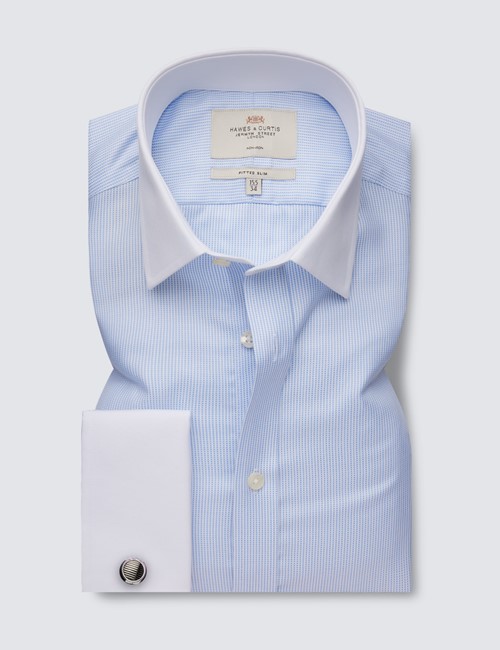 Non Iron Light Blue Fabric Interest Fitted Slim Shirt With White Collar & Cuffs