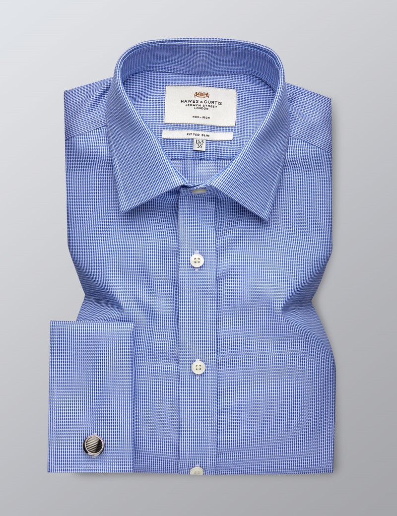 Men's Formal Blue & White Dobby Dogtooth Check Fitted Slim Shirt ...