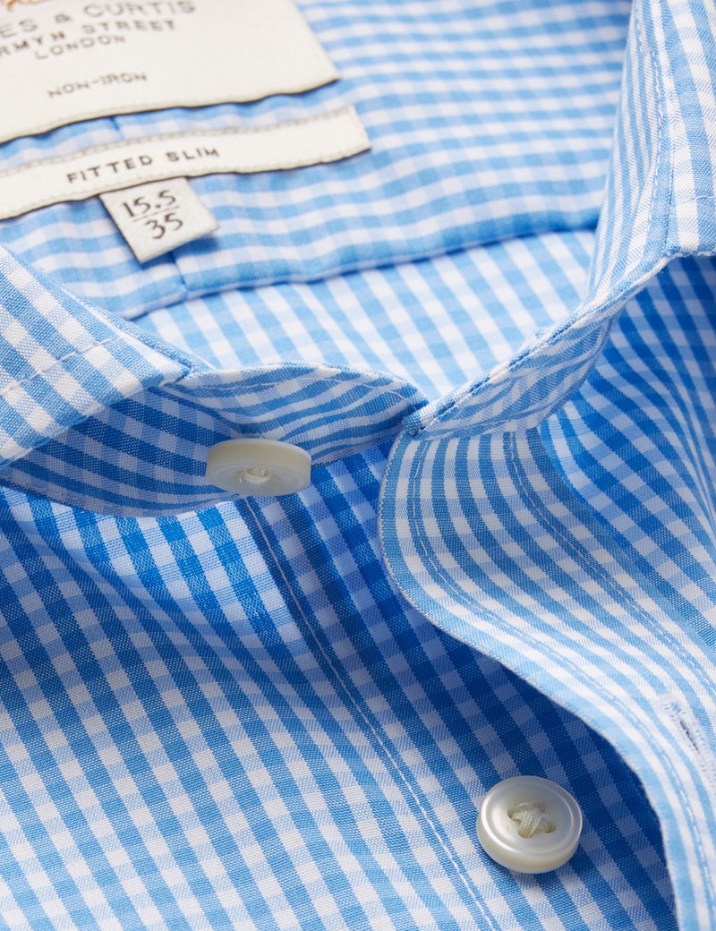 Non-Iron Blue & White Gingham Check Fitted Slim Shirt - Windsor Collar ...