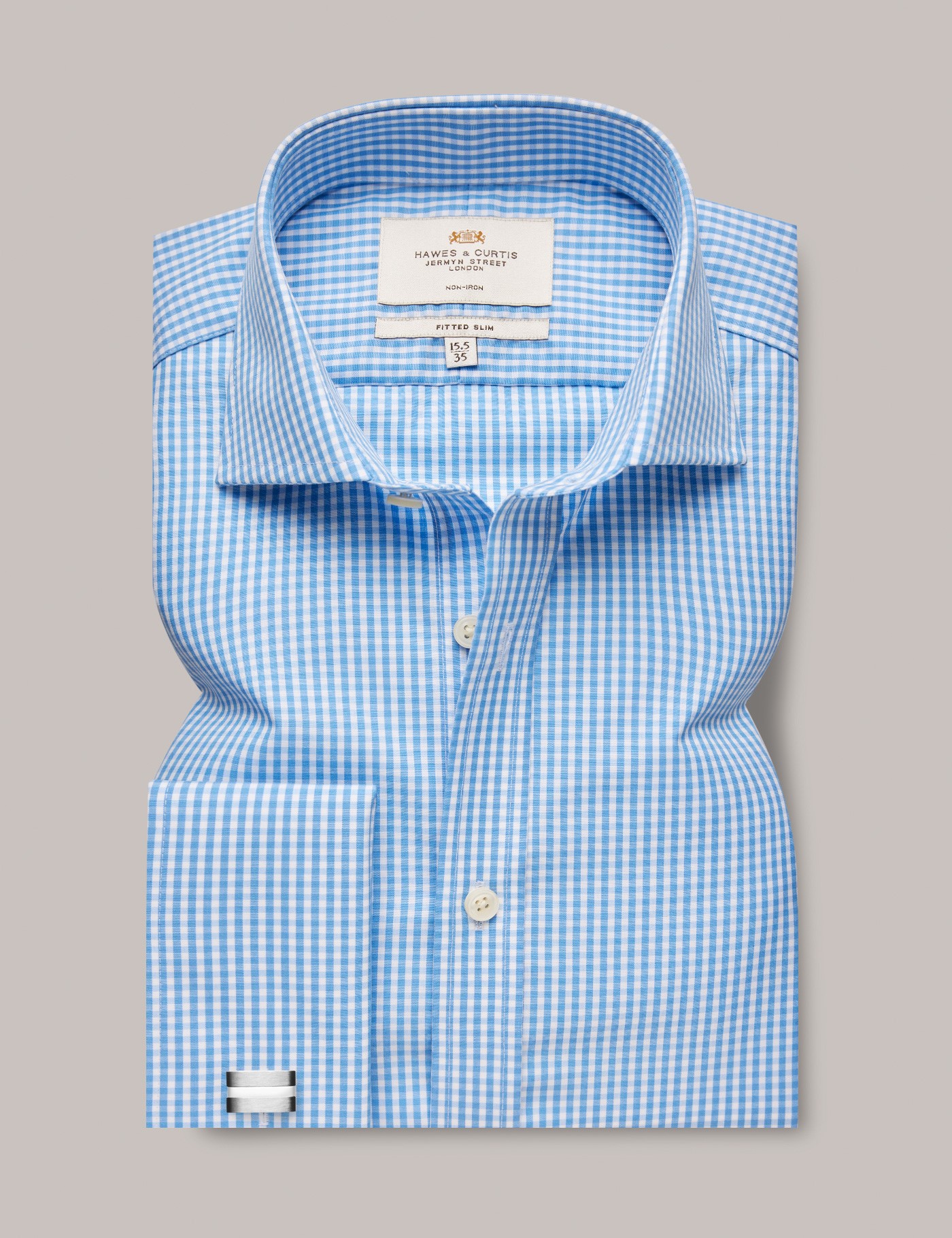 Hawes & Curtis Fitted Slim Blue & White Gingham Check Non-Iron Shirt Size: 16.5" collar, 36" sleeve image 2