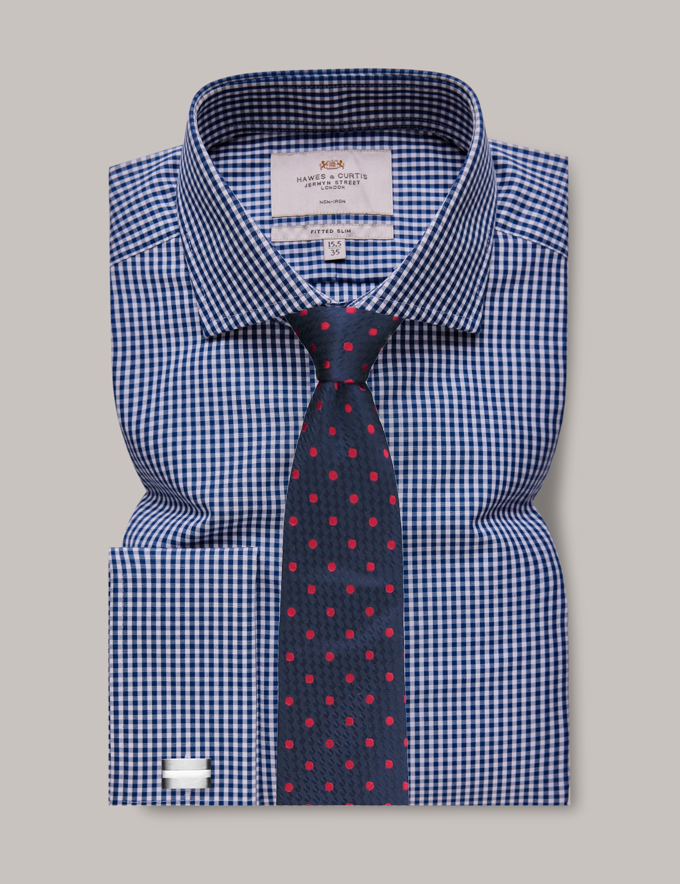 hawes & curtis non-iron navy & white gingham check fitted slim shirt - windsor collar - double cuff