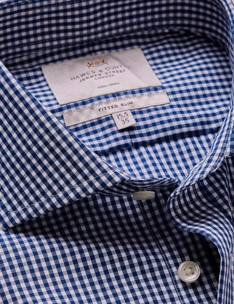 Men's Non-Iron Navy & White Gingham Check Fitted Slim Shirt - Windsor ...