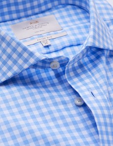 Men's Dress Blue & White Check Fitted Slim Fit Shirt - Double Cuff - Windsor Collar - Non Iron 