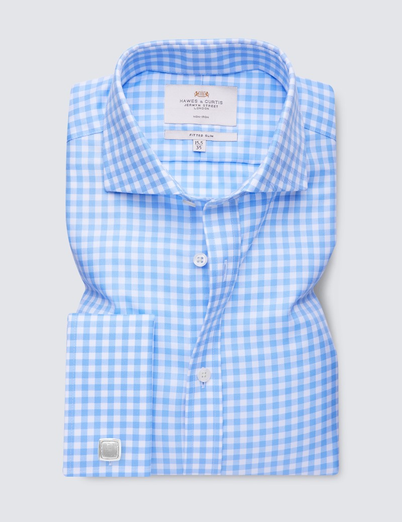 Men's Formal Blue & White Check Fitted Slim Fit Shirt - Double Cuff - Windsor Collar - Non Iron 