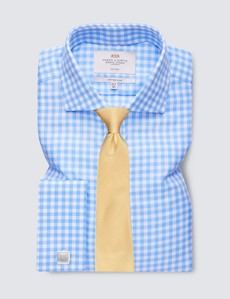 Men's Formal Blue & White Check Fitted Slim Fit Shirt - Double Cuff - Windsor Collar - Non Iron 