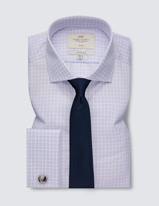 Non Iron Red & Blue Checked Fitted Slim Shirt With Windsor Collar - Double Cuffs