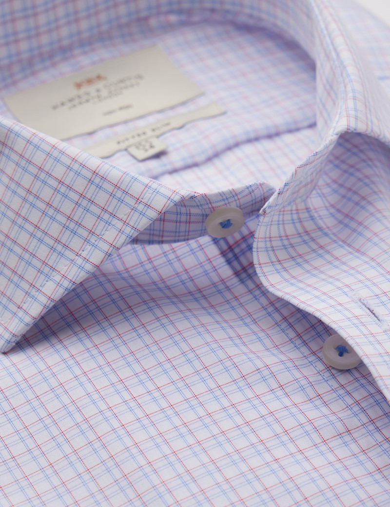 Non Iron Red & Blue Checked Fitted Slim Shirt With Windsor Collar - Double Cuffs
