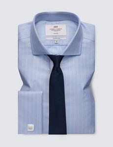 Non Iron Blue & Yellow Large Check Fitted Slim Shirt with Windsor Collar and Double Cuffs