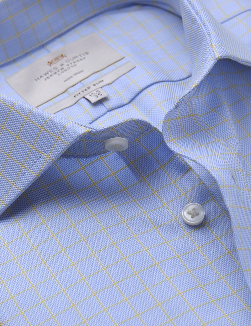 Non Iron Blue & Yellow Large Check Fitted Slim Shirt with Windsor Collar and Double Cuffs