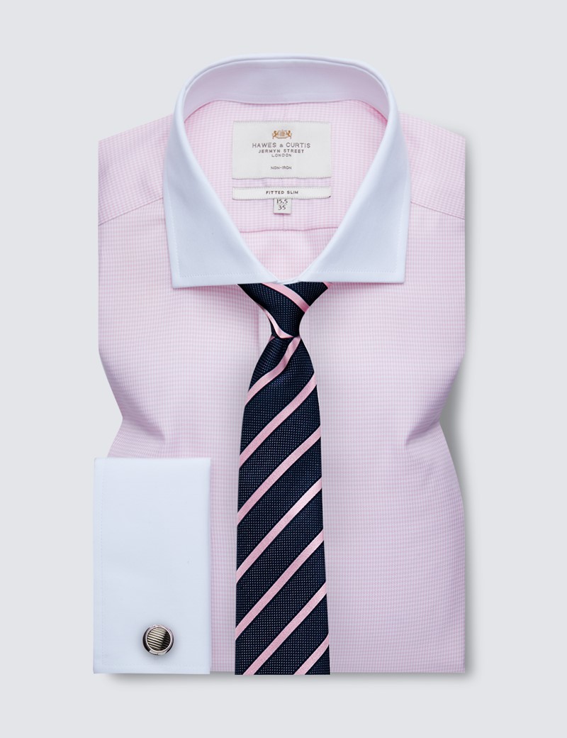 Non Iron Pink & White Dogstooth Fitted Slim Shirt with Windsor Collar and Double Cuff