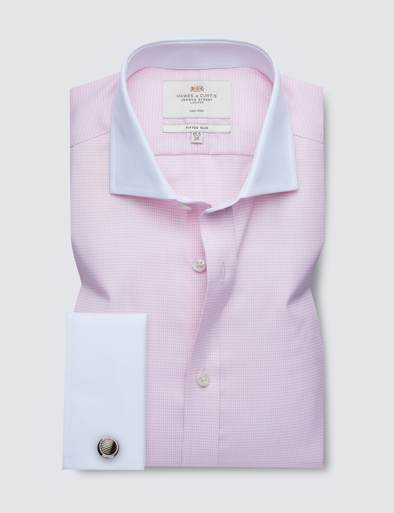 Non Iron Pink & White Dogstooth Fitted Slim Shirt with Windsor Collar and Double Cuff