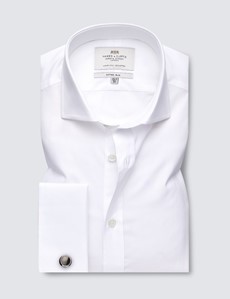 Men's Business Formal White Poplin Fitted Slim Shirt - Windsor Collar - Double Cuff - Easy Iron