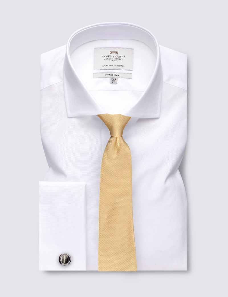 Men's Formal White Poplin Fitted Slim Dress Shirt - Windsor Collar - French Cuff - Easy Iron