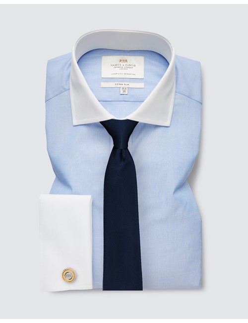 Easy Iron Blue End on End Fitted Slim Fit Shirt With Windsor Collar - French Cuffs