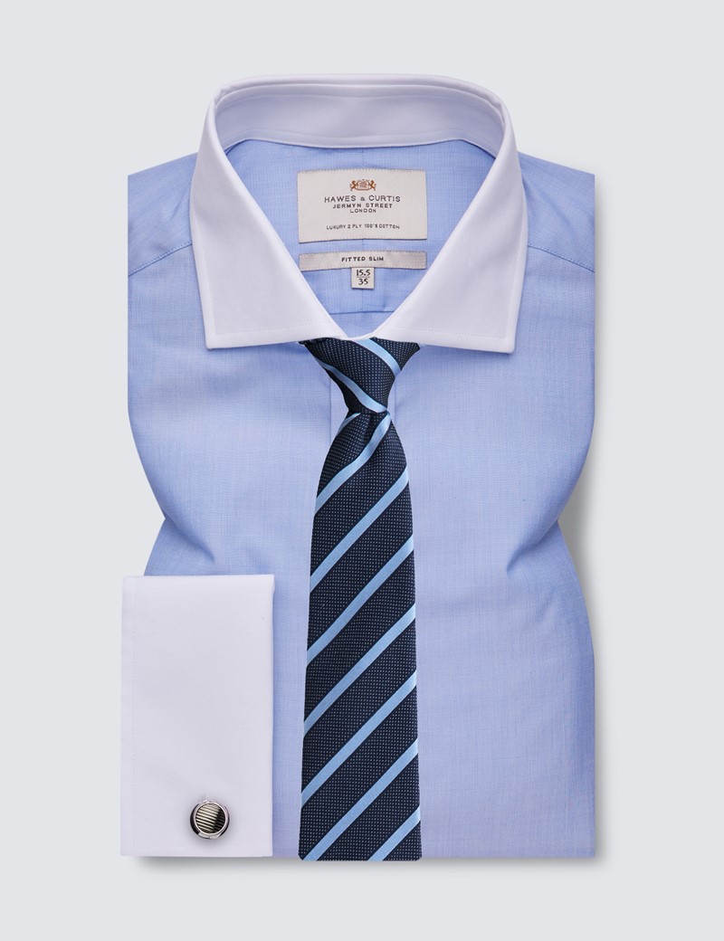 Easy Iron Blue End On End Fitted Slim Shirt - Windsor Collar - Double Cuffs