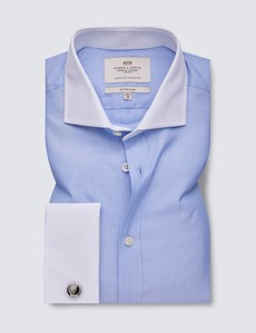 Easy Iron Blue End On End Fitted Slim Shirt - Windsor Collar - Double Cuffs