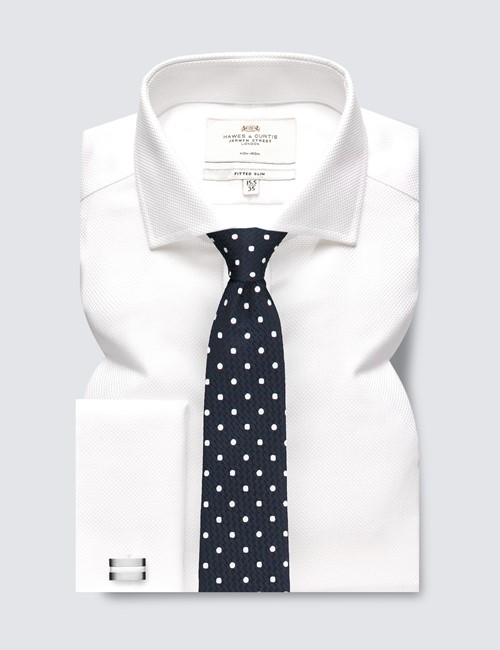 Non Iron White Fabric Interest Fitted Slim Shirt With Windsor Collar - Double Cuffs