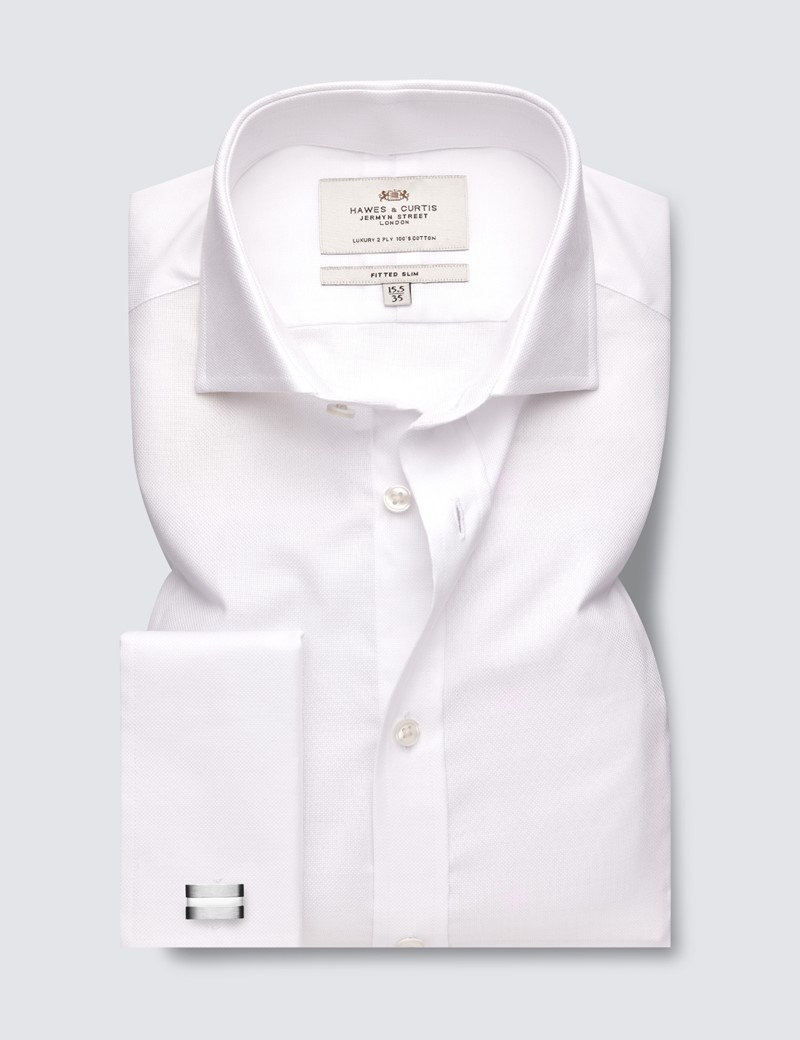 Easy Iron White Oxford Weave Fitted Slim Shirt - Windsor Collar - Double Cuff