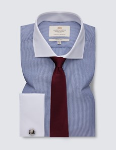 Easy Iron Navy & White Stripe Fitted Slim Shirt With Full Cutaway Collar - Double Cuffs