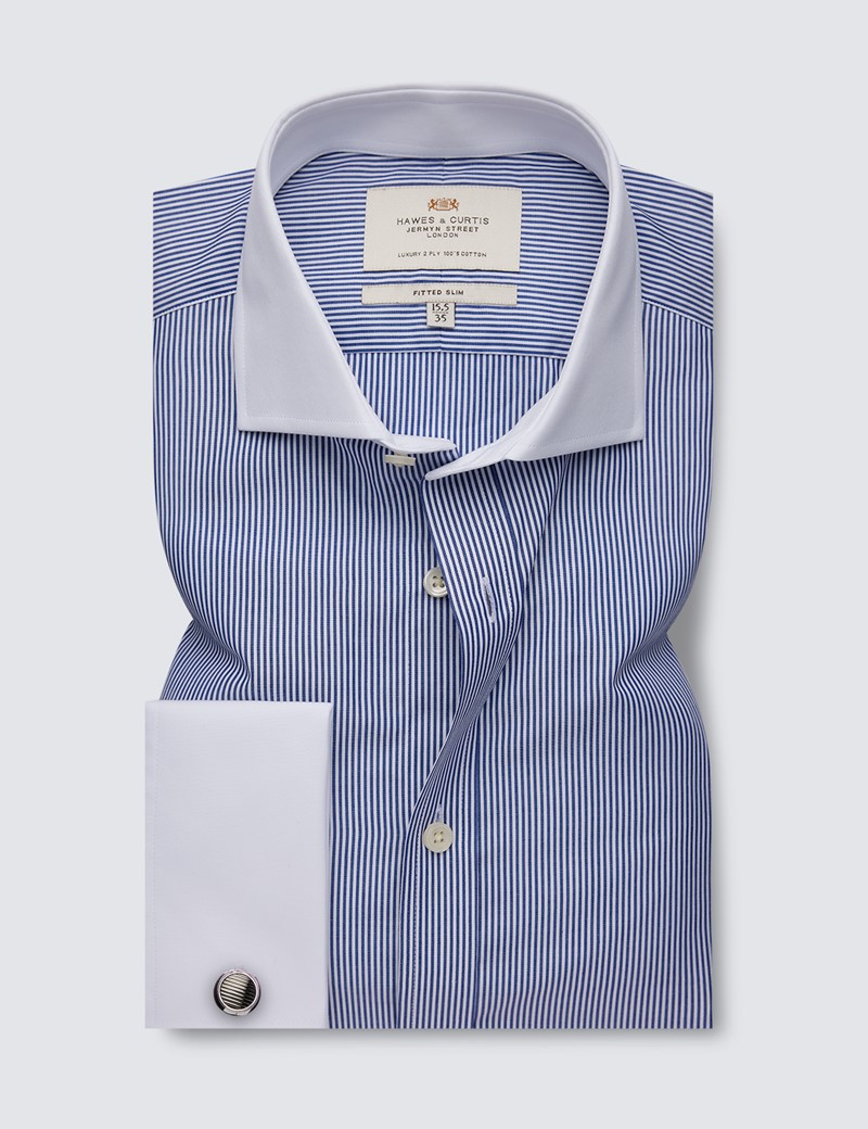 Easy Iron Navy & White Stripe Fitted Slim Shirt With Full Cutaway Collar - Double Cuffs