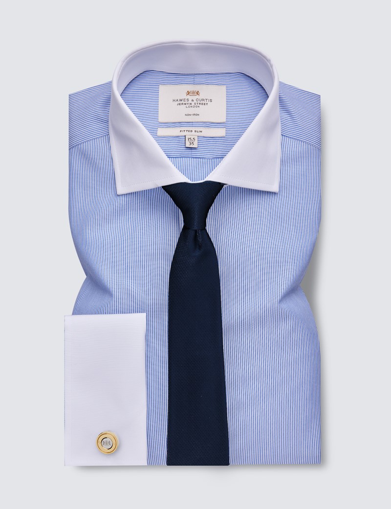 Non Iron Blue & White Stripe Fitted Slim Shirt With Windsor Collar - Double Cuffs