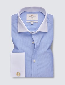 Non Iron Blue & White Stripe Fitted Slim Shirt With Windsor Collar - Double Cuffs