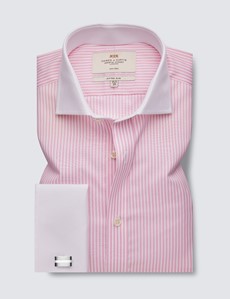 Non Iron Pink & White Stripe Fitted Slim Shirt With Windsor Collar - Double Cuffs